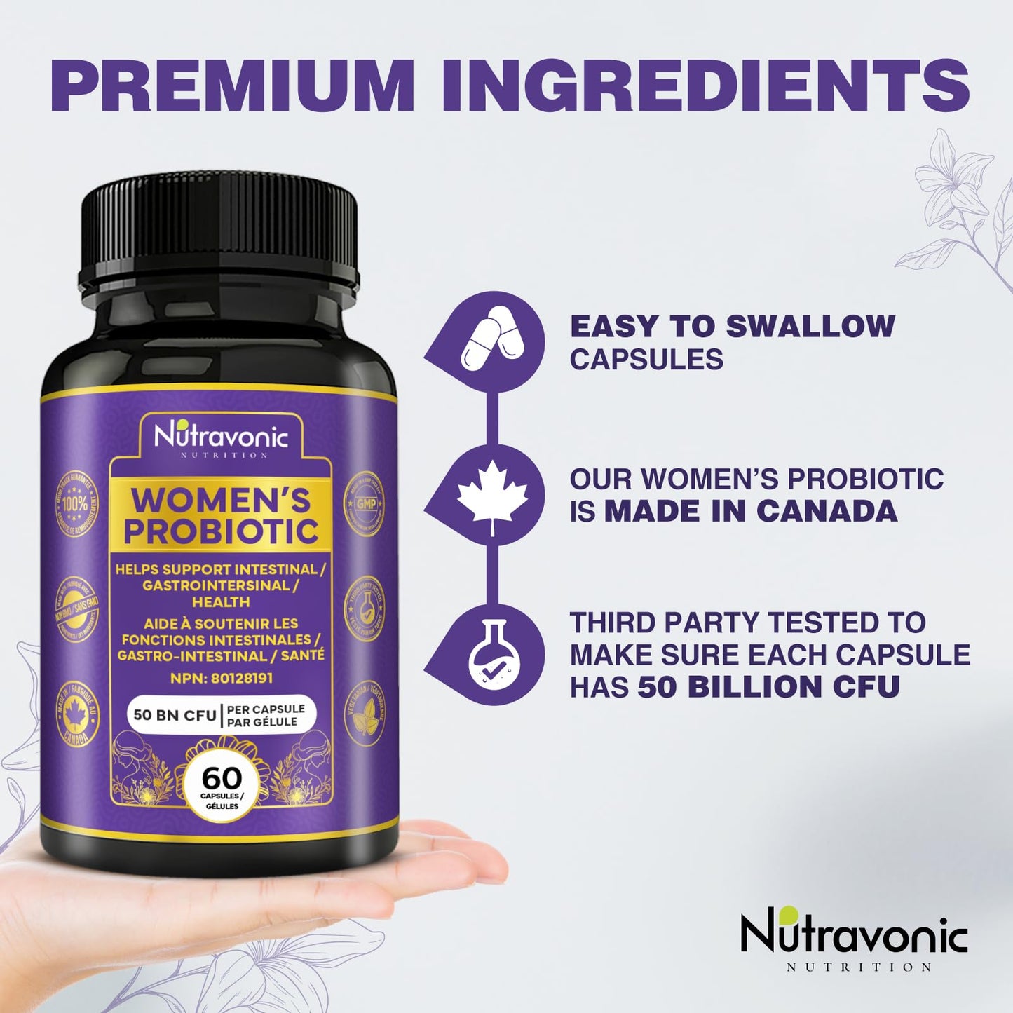 Probiotics for Women - 50 Billion CFUs Per Delayed Release Capsule. 15 Diverse Strains, including strains Limosilactobacillus Reuteri (lactobacillus reuteri) & lactobacillus gasseri. Support Gut Health, Bloating Relief & Digestion - 2 Month Supply. Nutrav - Available at All In One Marketplace Canada