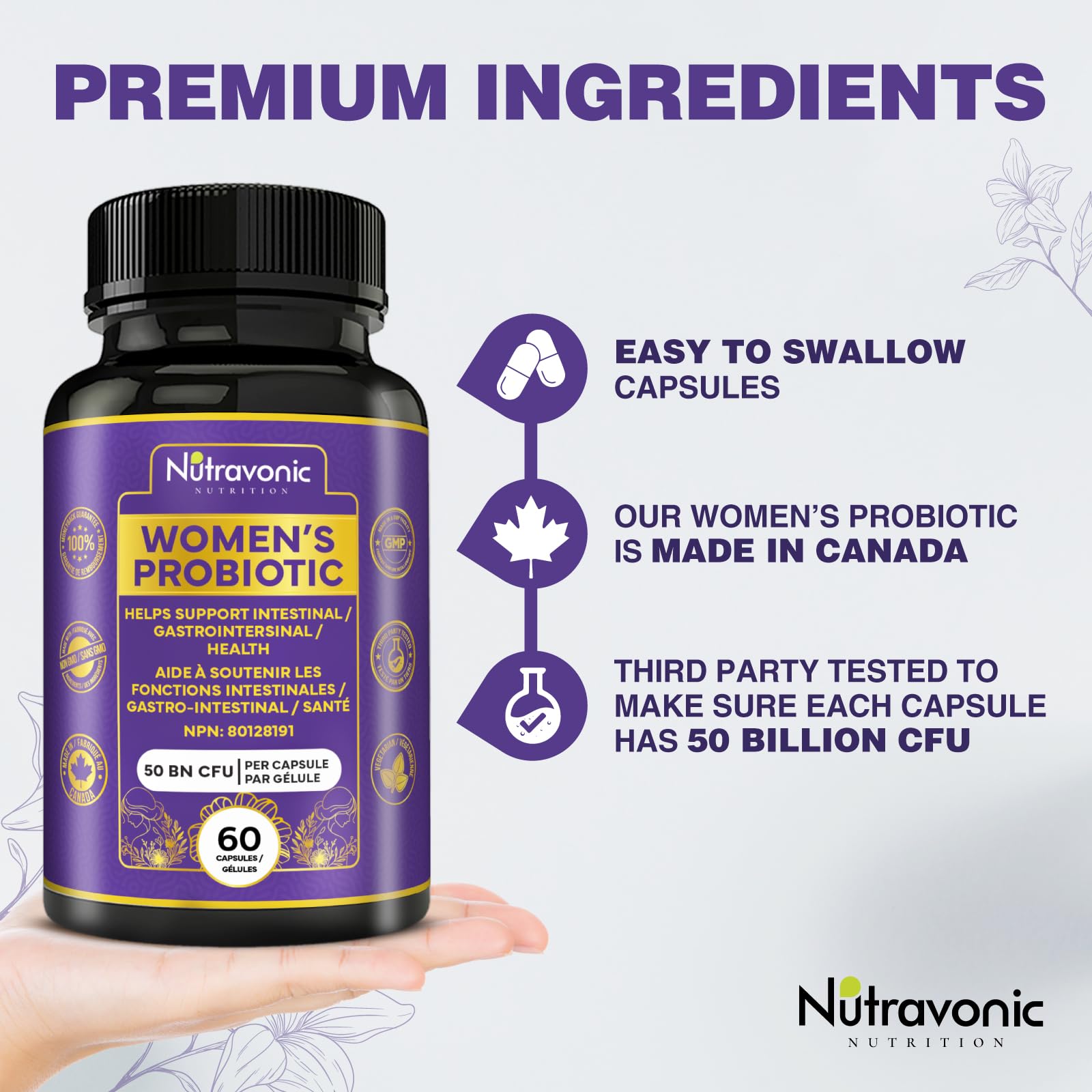 Probiotics for Women - 50 Billion CFUs Per Delayed Release Capsule. 15 Diverse Strains, including strains Limosilactobacillus Reuteri (lactobacillus reuteri) & lactobacillus gasseri. Support Gut Health, Bloating Relief & Digestion - 2 Month Supply. Nutrav - Available at All In One Marketplace Canada