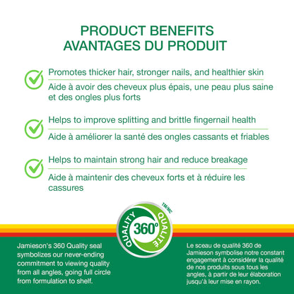 Jamieson Ultra Potency Biotin 10,000 mcg, 90 Softgels. Easy to Swallow, Supports Thicker Hair, Healthier Skin and Stronger Nails. No Artificial Flavours, Colours, or Preservatives, Proudly Canadian - Available at All In One Marketplace Canada