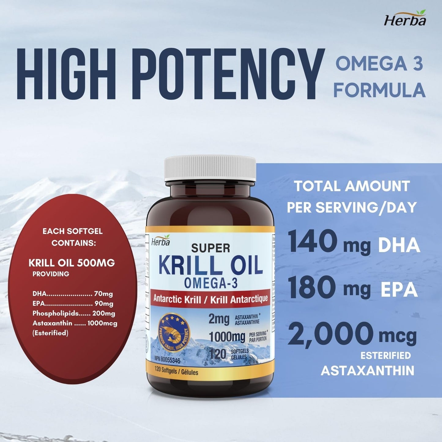 Herba Krill Oil Omega 3 Supplements - 120 Softgels | 1000mg of Antarctic Krill Oil Per Day (2 softgels 500mg each) | Source of Omega 3 Fatty Acids | High Astaxanthin | Premium Grade - 500mg per Soft Gel | Made in Canada - Available at All In One Marketplace Canada