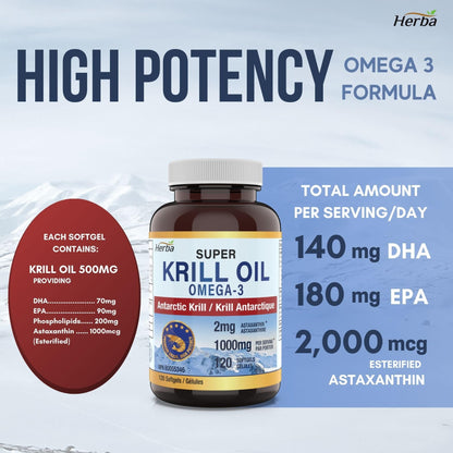 Herba Krill Oil Omega 3 Supplements - 120 Softgels | 1000mg of Antarctic Krill Oil Per Day (2 softgels 500mg each) | Source of Omega 3 Fatty Acids | High Astaxanthin | Premium Grade - 500mg per Soft Gel | Made in Canada - Available at All In One Marketplace Canada