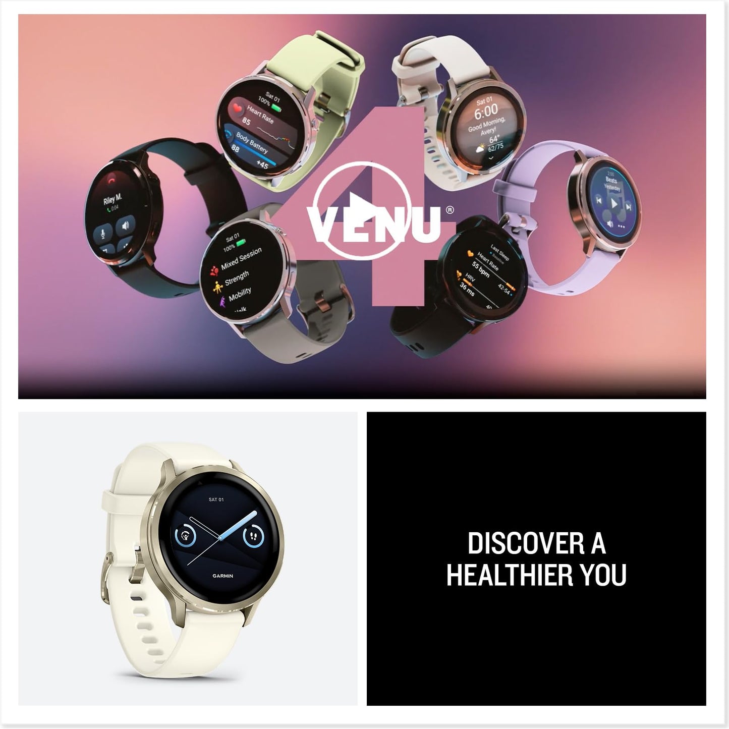 Garmin Venu® 4, 41mm, Advanced Health and Fitness GPS Smartwatch, Bright and Colorful Display, Built-in Flashlight, 10 Days of Battery Life, Lunar Gold with Bone Silicone Band 🍁 All In One Marketplace Canada