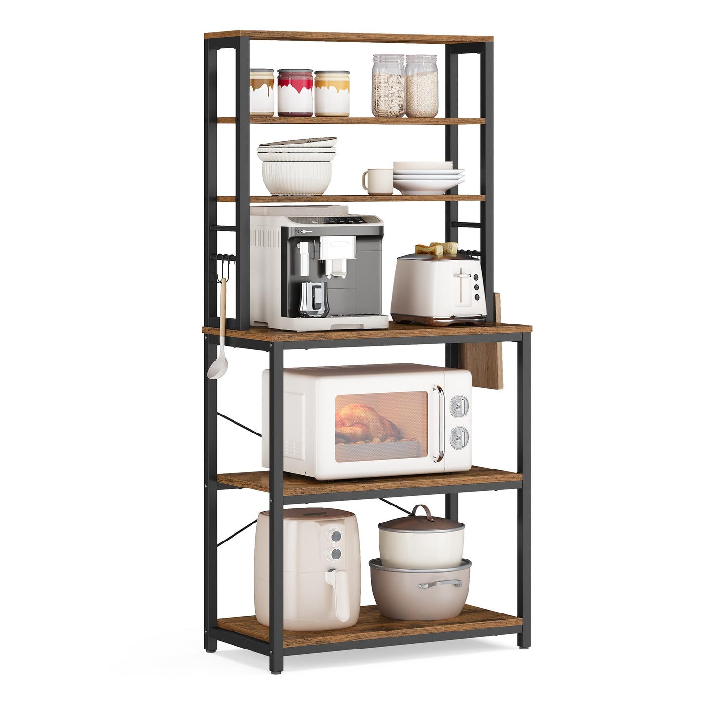 VASAGLE Coffee Bar, Baker’s Rack for Kitchen with Storage, 6-Tier Kitchen Shelves with 6 Hooks, Microwave Stand, Industrial, 15.7 x 23.6 x 65.7 Inches, Rustic Brown and Black UKKS024B01 🍁 All In One Marketplace Canada VASAGLE