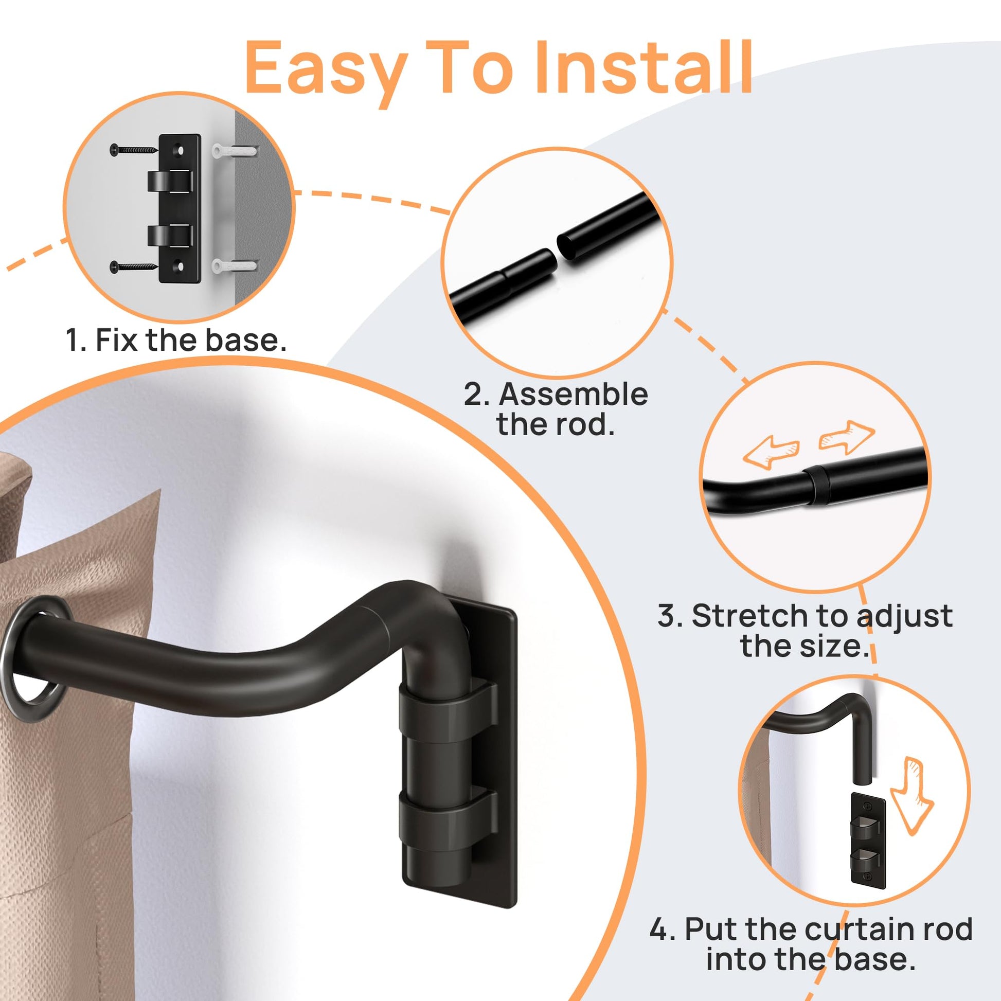 upsimples Blackout Curtain rods for windows 48 to 84 inch, Wrap Around Room Darkening Curtain Rod for Bedroom, Living Room, Adjustable from 30 to 86 Inches - Available at All In One Marketplace Canada