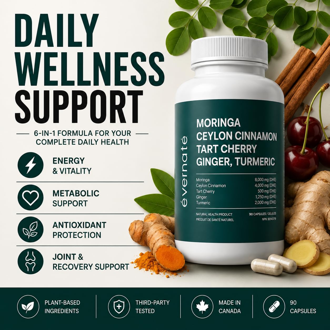 ALL-IN-ONE Moringa 8000 mg with Ceylon Cinnamon 4000 mg, Tart Cherry, Turmeric, Ginger & Garlic (Per Serving: 2 Capsules) – Antioxidant, Detox, Energy & Metabolic Support – Made in Canada - Available at All In One Marketplace Canada