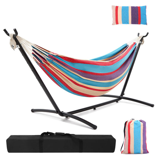 Hammock with Stand, Ohuhu Double Hammock with Space Saving Steel Stand & Pillow 2 Person Hammocks with Portable Carrying Bag for Camping Garden Patio Indoor Use Gift for Birthday, Tropical