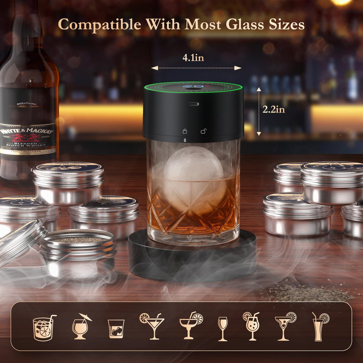 AMZSEAT Electric Whiskey Smoker Kit-Rechargeable Cocktail Smoker Set with 6 Wood Chips-Unique Bourbon Ideal Christmas, Birthday, Gifts for Men, Dad, Husband-Dusk Black 🍁 All In One Marketplace Canada