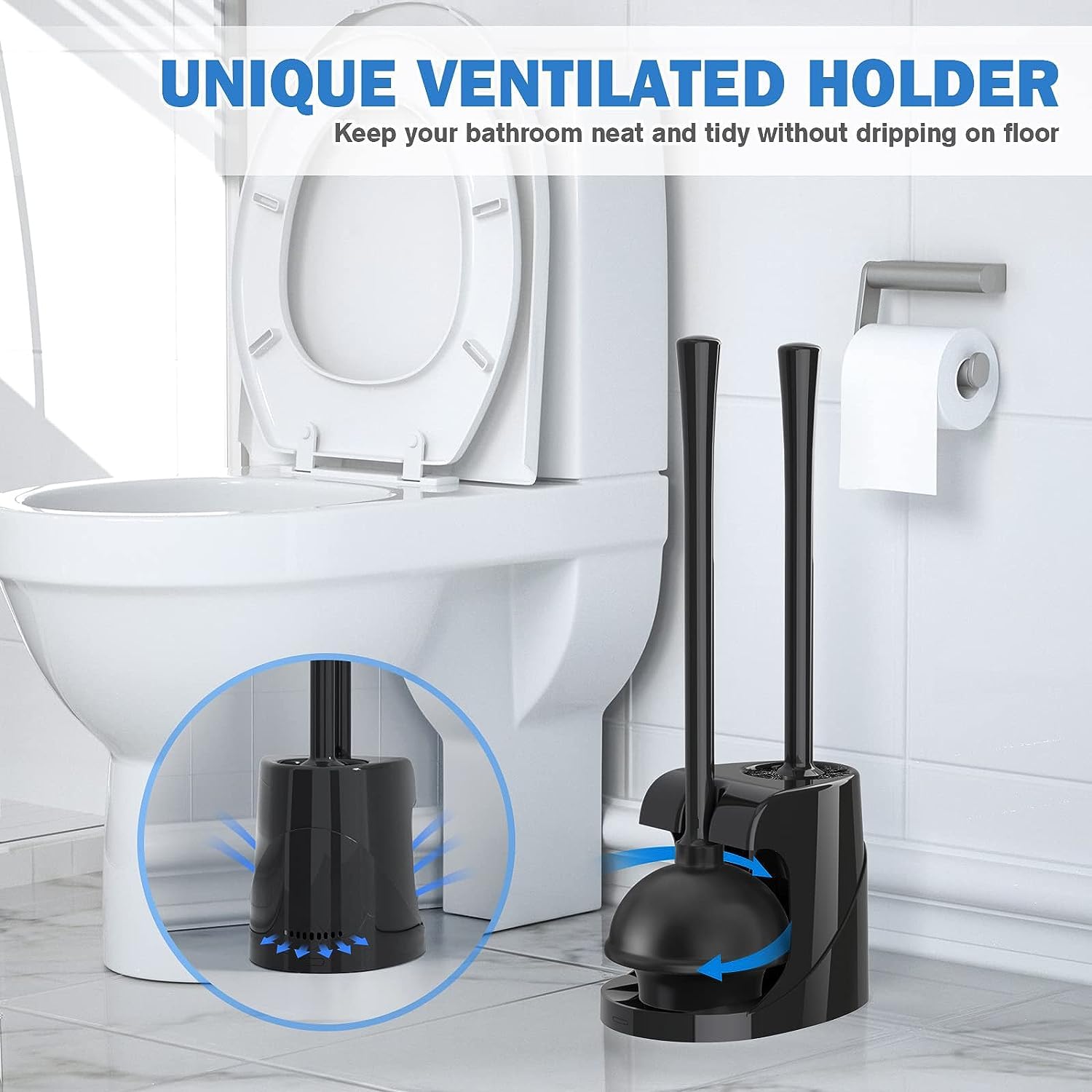 Toilet Plunger and Brush with Holder, Bowl Brush and Heavy Duty Toilet Plunger Set for 5.7-inch Toilet Drain, 2-in-1 Bathroom Cleaning Combo with Modern Caddy Stand (Black) - Available at All In One Marketplace Canada