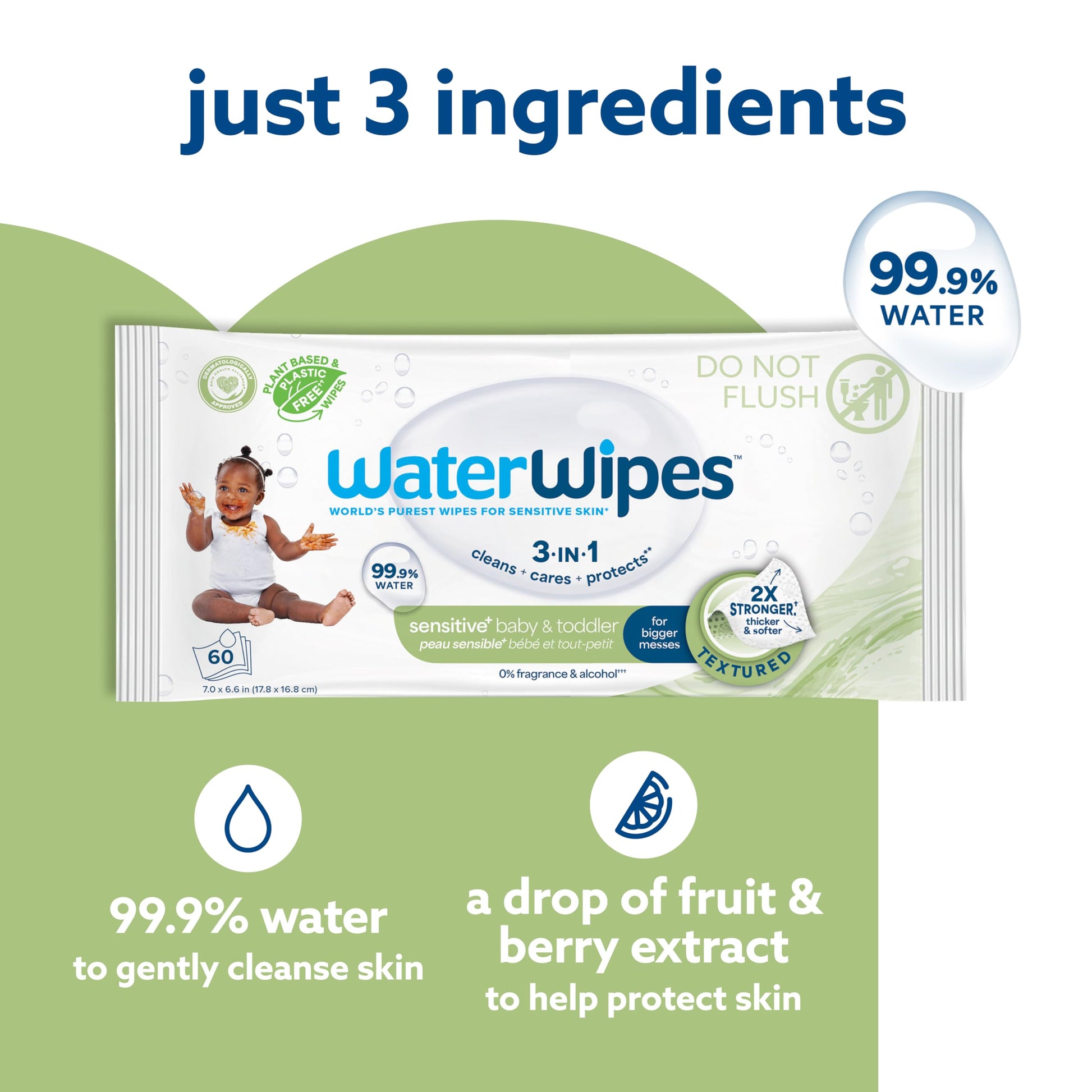 WaterWipes Sensitive+ Baby & Toddler Wipes, 3-In-1 Cleans, Cares, Protects, 99.9% Water, Textured Clean, Unscented & Hypoallergenic, 240 Count (4 Packs)
