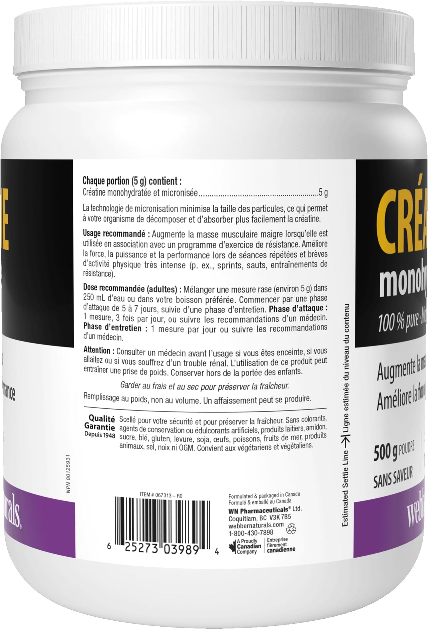 Webber Naturals Micronized Creatine Monohydrate Powder | 5g Per Serving | 100 Servings | Canadian-Made | Vegan | Supports Muscle, Strength & Performance | Unflavored | For Men & Women Webber Naturals