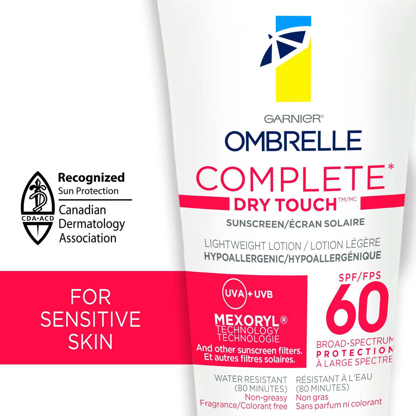 Garnier Ombrelle Complete Dry Touch Sunscreen Lotion, SPF 60, Travel Sunscreen, For Face & Body, For Sensitive Skin, Water-Resistant, Non-Sticky, Very High Broad Spectrum UVA/UVB Protection, 90ml - Available at All In One Marketplace Canada