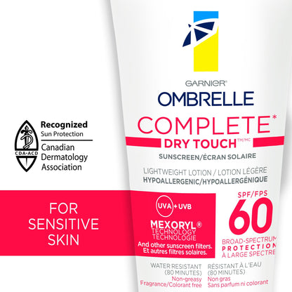 Garnier Ombrelle Complete Dry Touch Sunscreen Lotion, SPF 60, Travel Sunscreen, For Face & Body, For Sensitive Skin, Water-Resistant, Non-Sticky, Very High Broad Spectrum UVA/UVB Protection, 90ml - Available at All In One Marketplace Canada