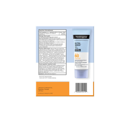 Neutrogena Ultra Sheer Face Sunscreen SPF 60, non-greasy, lightweight, 88 mL (Twin Pack)