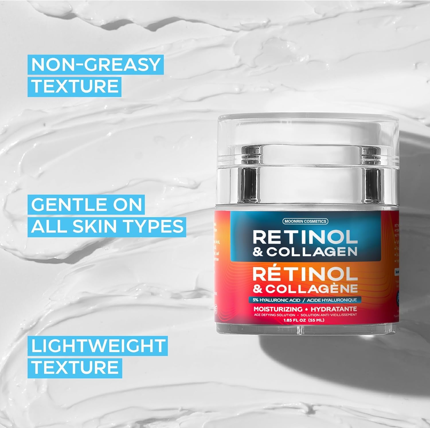Retinol Cream for Face with Hyaluronic Acid, Collagen Day & Night Moisturizer for Women and Men, Age Solution Cream, 1.85 Oz