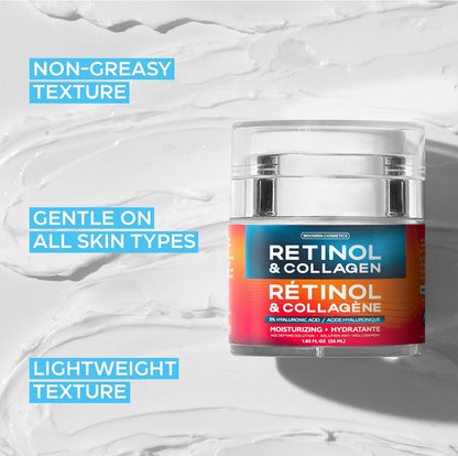 Retinol Cream for Face with Hyaluronic Acid, Collagen Day & Night Moisturizer for Women and Men, Age Solution Cream, 1.85 Oz