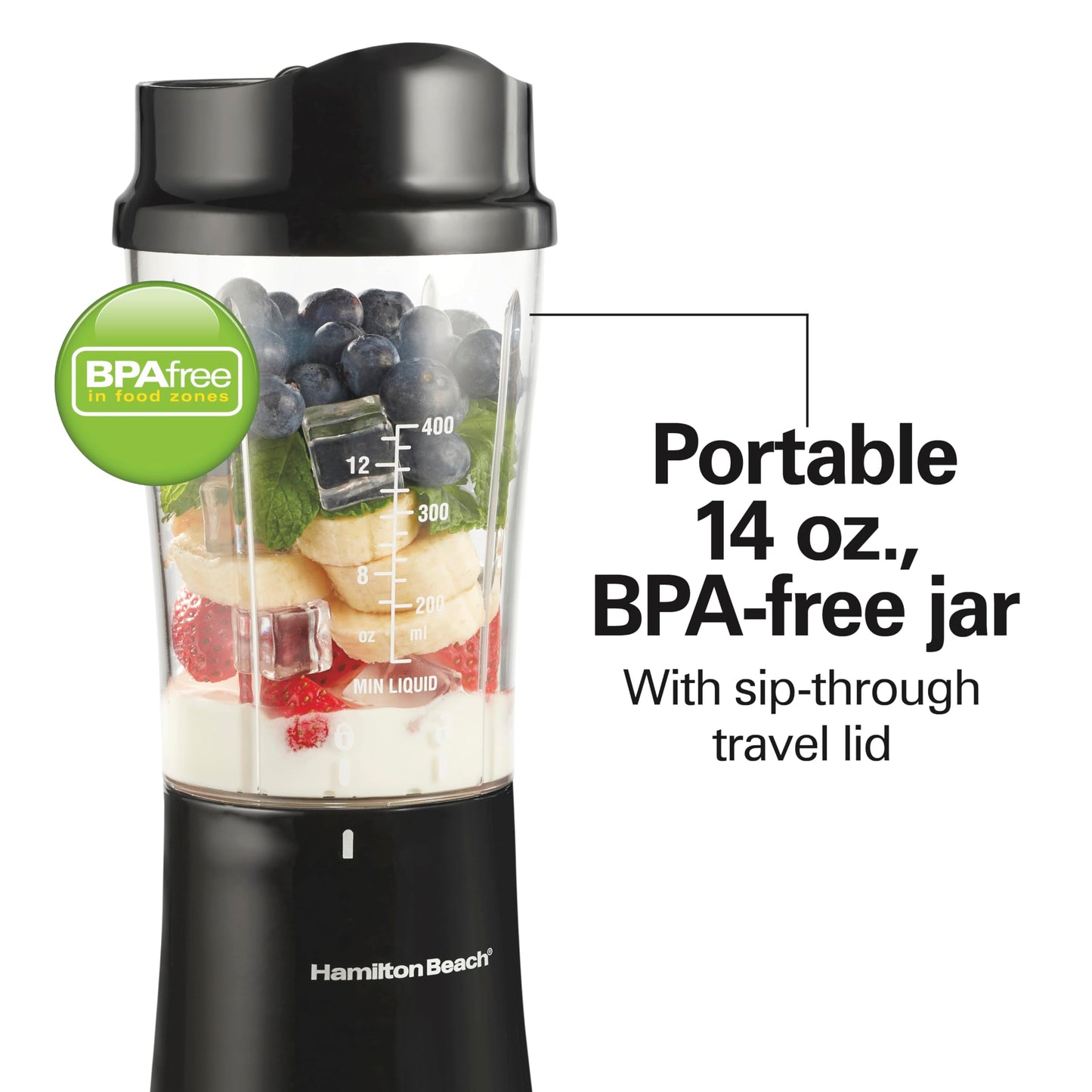 Hamilton Beach Personal Blender for Shakes and Smoothies with 14 Oz Travel Cup and Lid, Black (51101BC)