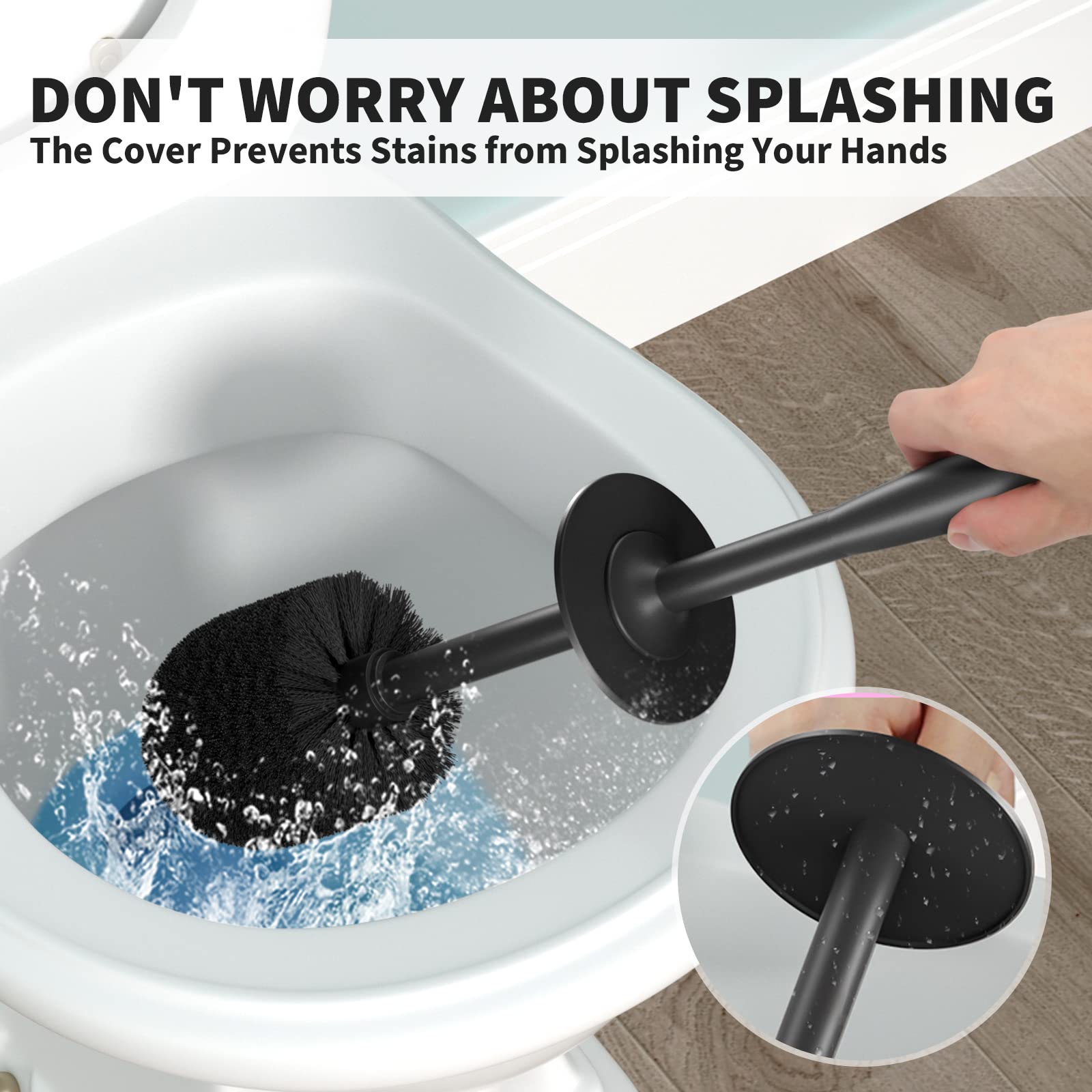 UPTRONIC Toilet Brush, Toilet Bowl Brush with Extra Long Handle Durable Bristles Toilet Scrubber and Covered Holder for Toilet Brush Set for Bathroom Cleaning (Black-01)