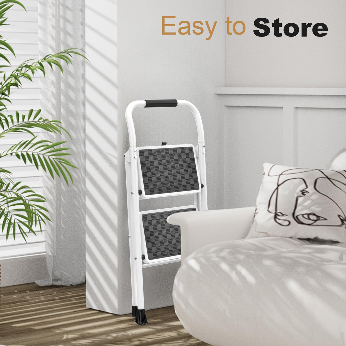 HBTower 2 Step Ladder, 2 Step Stool for Adults, Folding Step Stool with Cushioned Handle, 330 lbs/150 kg Capacity, Step Ladder with Wide Anti-Slip Pedal Ergonomic Design White