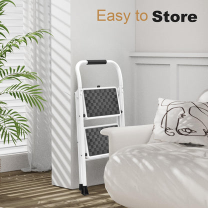 HBTower 2 Step Ladder, 2 Step Stool for Adults, Folding Step Stool with Cushioned Handle, 330 lbs/150 kg Capacity, Step Ladder with Wide Anti-Slip Pedal Ergonomic Design White