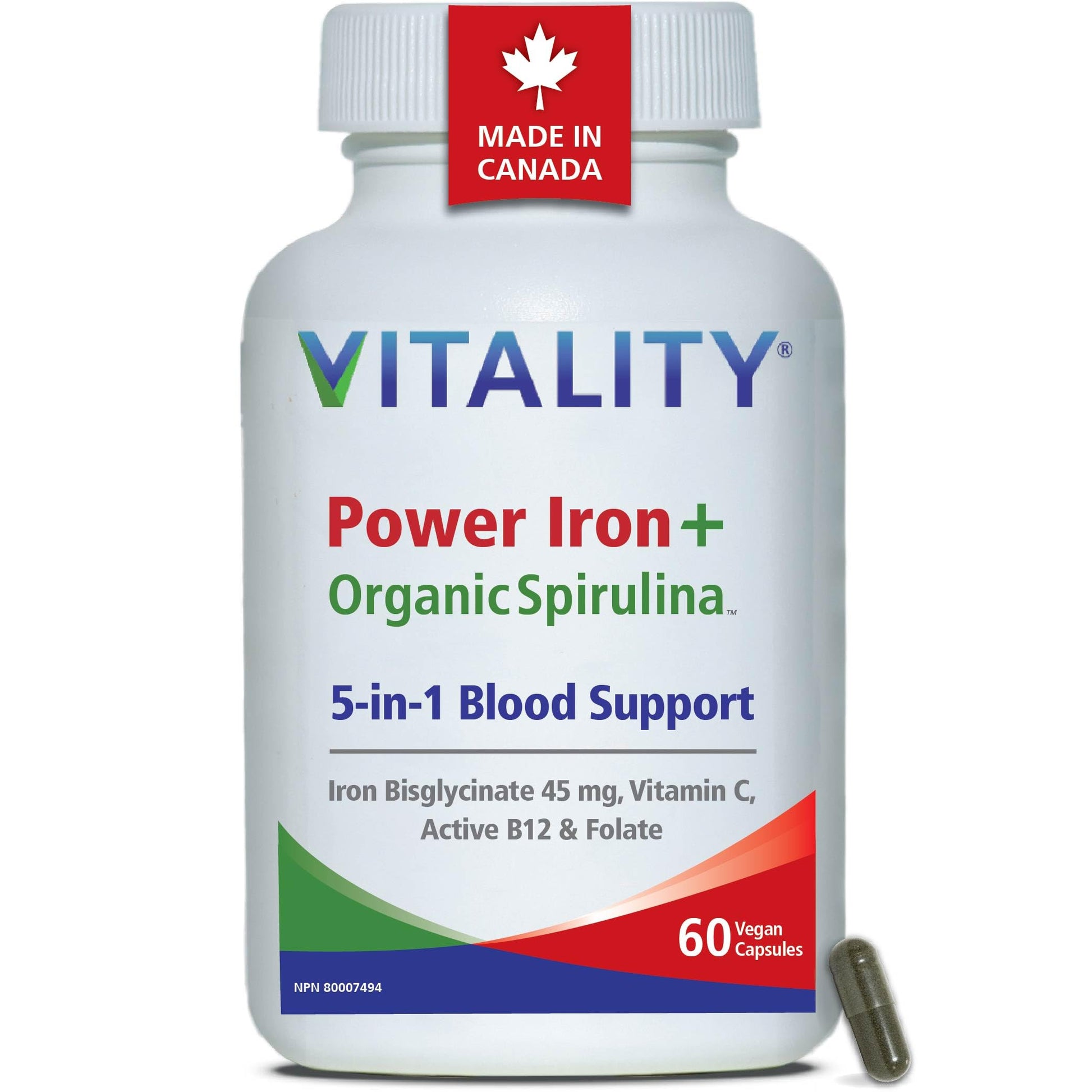 VITALITY Power Iron Supplement 45 mg – Gentle Iron, Vitamin C, B12 & Folate VITALITY