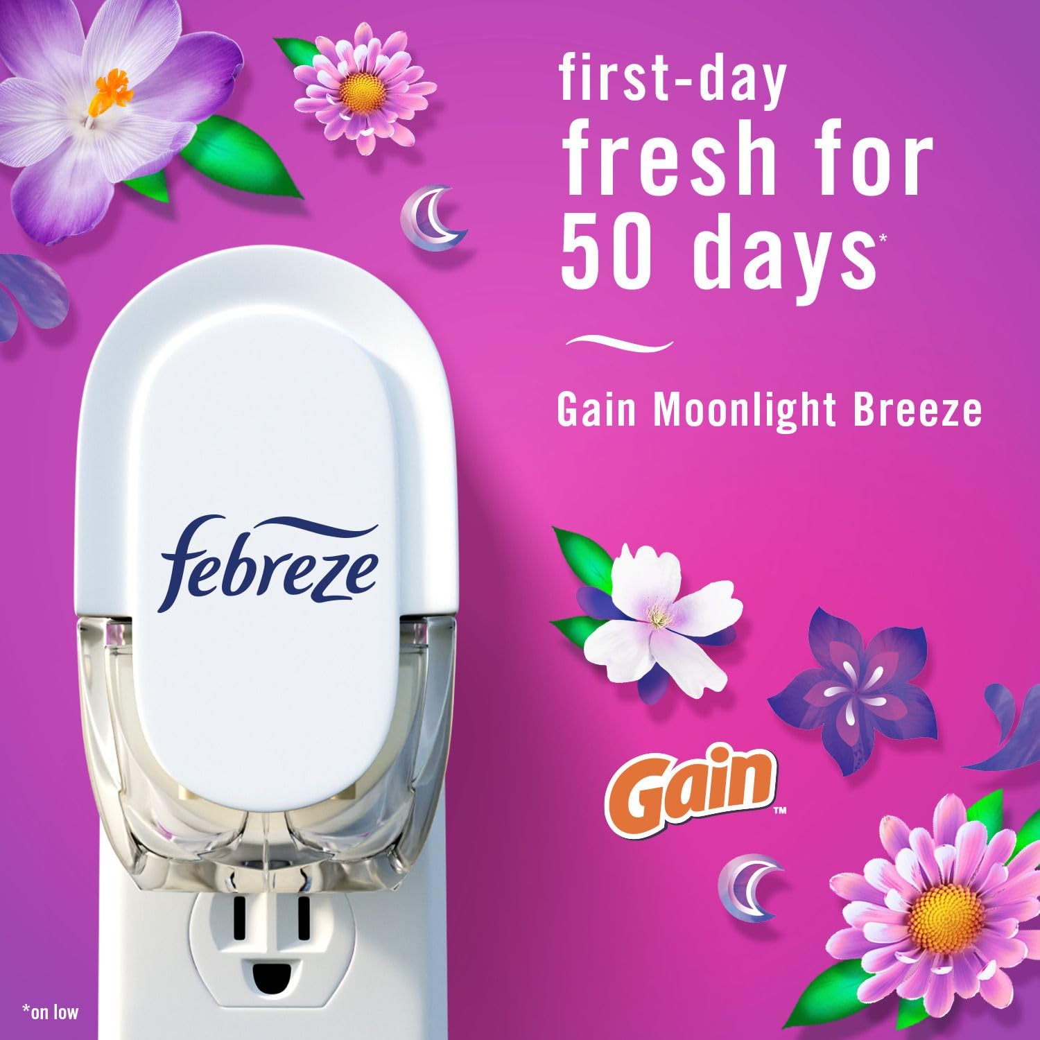 Febreze Plug In Air Freshener, Odor-Fighting Scented Oil Refill, Home and Bathroom and Kitchen, Long Lasting for Strong Odors, Gain Moonlight Breeze & Gain Original Scents, Refills, 4 Count