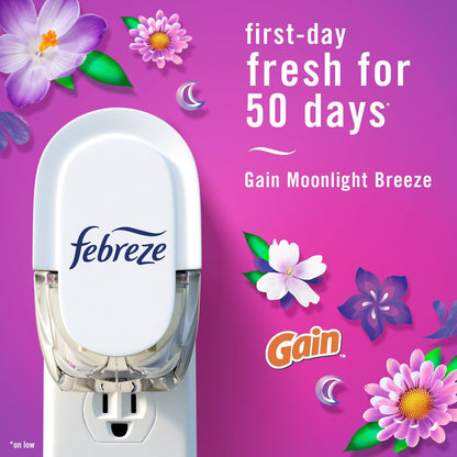 Febreze Plug In Air Freshener, Odor-Fighting Scented Oil Refill, Home and Bathroom and Kitchen, Long Lasting for Strong Odors, Gain Moonlight Breeze & Gain Original Scents, Refills, 4 Count