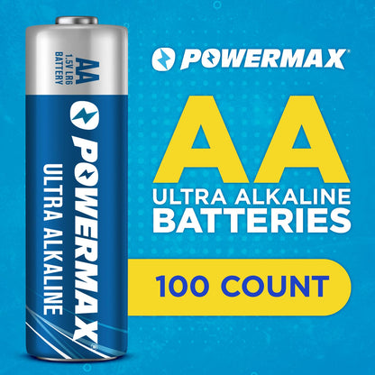 Powermax 100-Count Double AA Batteries, Ultra Long Lasting Alkaline Battery for Home and Office, 10-Year Shelf Life, Reclosable Packaging