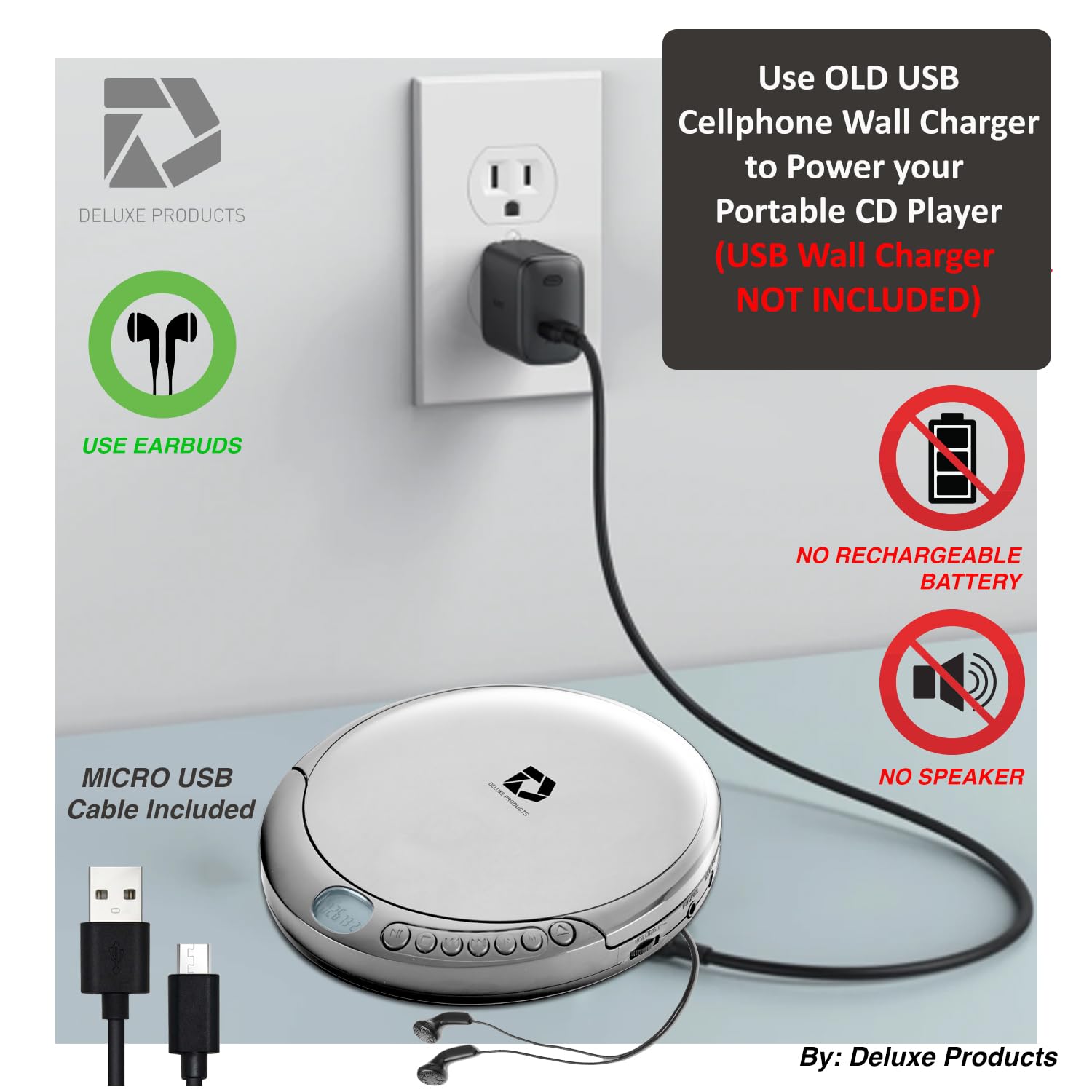 Deluxe Products CD Player Portable with 60 Second Anti Skip, Stereo Earbuds, Includes Aux in Cable and AC USB Power Cable for use at Home or in Car. Silver Deluxe Products