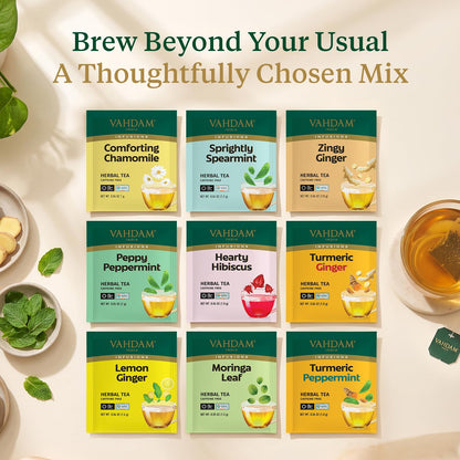 VAHDAM, Assorted Herbal Tea Sampler (18 Tea Bags, 9 Flavors) Caffeine-Free, Non-GMO | Double Infusion, Individually Enveloped Tea Bags | Herbal Tea Assortment 🍁 All In One Marketplace Canada