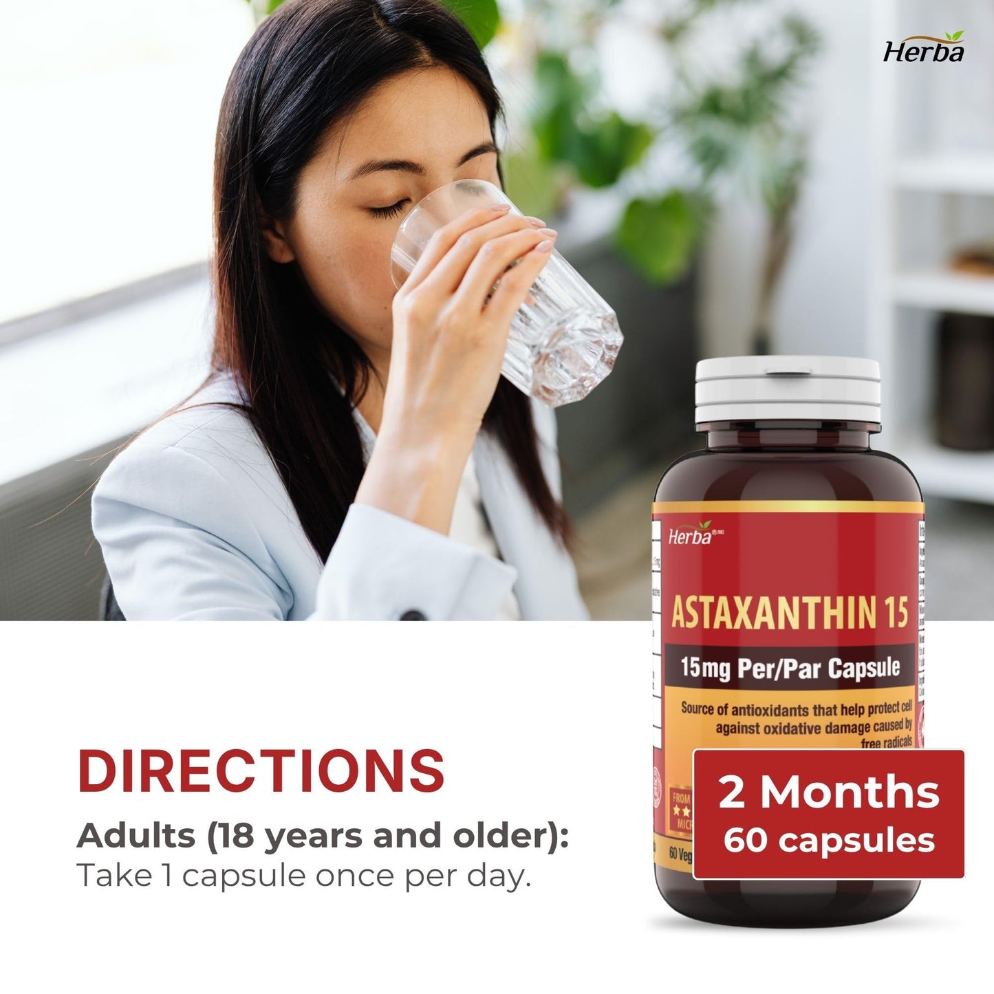Herba Astaxanthin Supplement 15mg – 60 Vegan Capsules | Made with Non-GMO Micro-algae | Source of Antioxidant | Made and Third Party Tested in Canada - Available at All In One Marketplace Canada