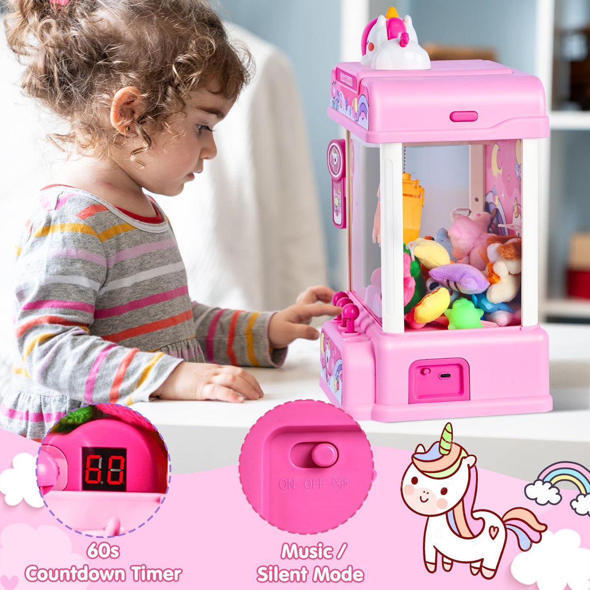 CWLAKON Claw Machine for Kids with Sound & 20 Mini Toys, Unicorns Toys for Girls, Arcade Games Mini Vending Machine, Candy Grabber Prize Dispenser, Christmas Birthday Gifts, Pink 🍁 All In One Marketplace Canada