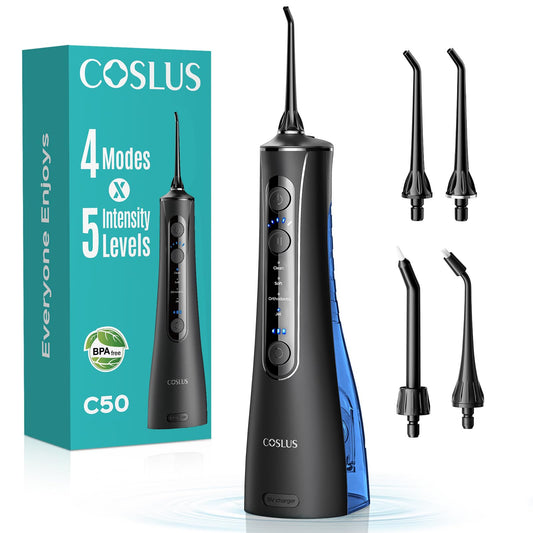 COSLUS C50 Water Flosser for Teeth: 4 Modes & 5 Intensities Water Dental Pick with MDL Accepted for Orthodontic, Braces & Gums Care - Portable for Travel, 4 Tips for Family Use, BPA-Free, Black - Available at All In One Marketplace Canada