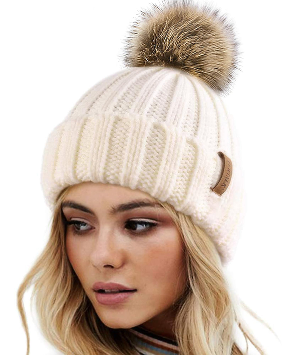 FURTALK Womens Winter Knitted Beanie Hat with Faux Fur Pom Warm Knit Skull Cap Beanie for Women Beige 🍁 All In One Marketplace Canada