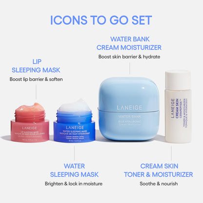 LANEIGE Icons To Go Set: Cream Skin, Water Bank Cream, Lip Sleeping Mask, Water Sleeping Mask