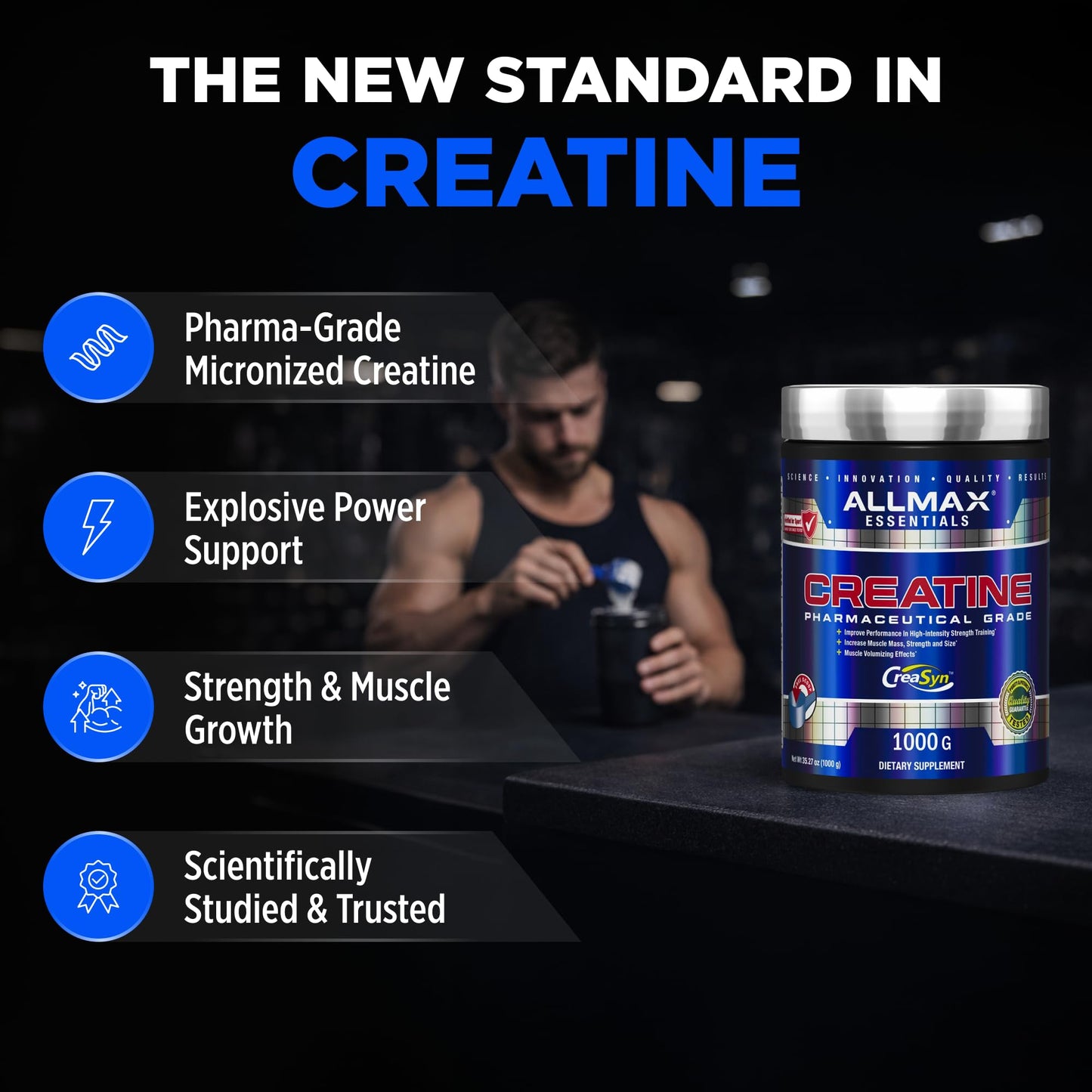 Allmax Creatine Monohydrate - Aid Muscle Growth & Strength Gains, No Artificial Ingredients - 1000g - 5g per Serving - 200 Servings
