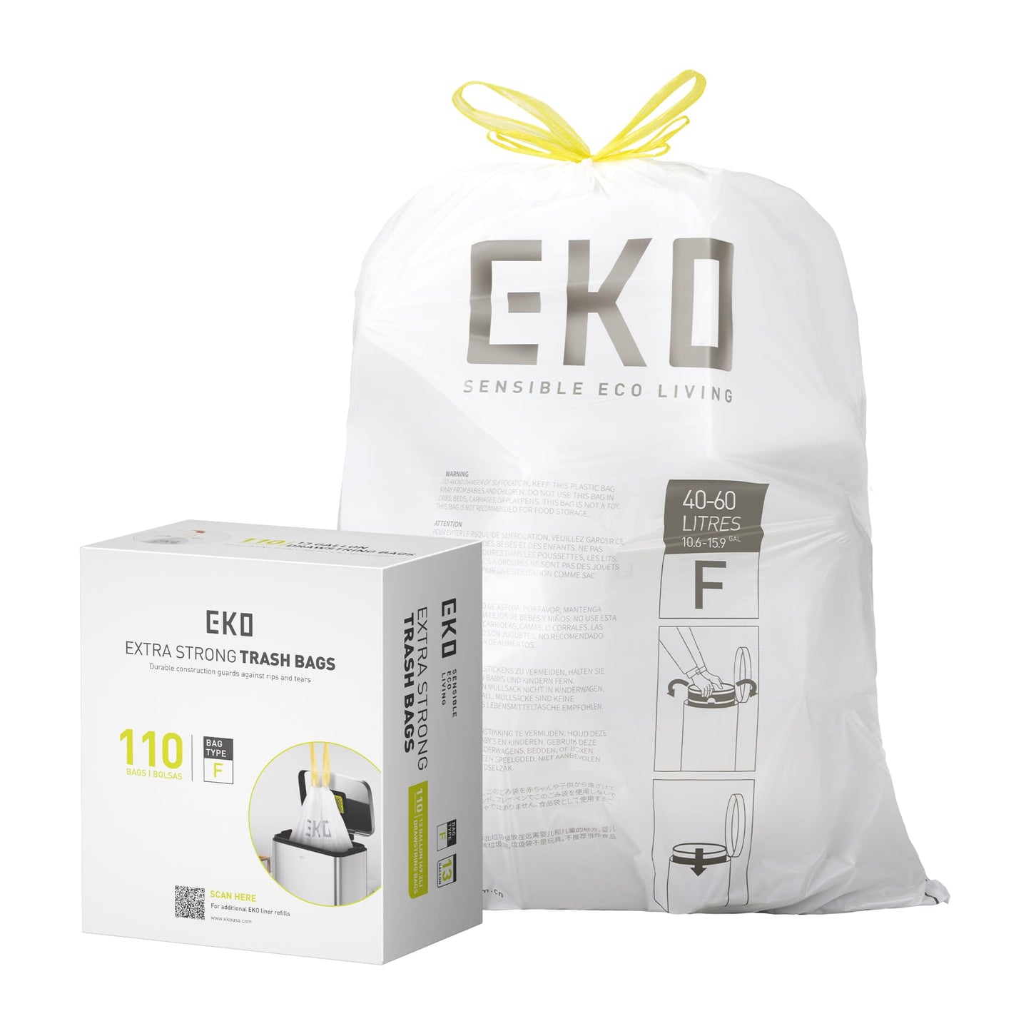 EKO Extra Strong 13 Gallon Large Drawstring Trash Bags, Heavy-Duty Garbage Bags for Kitchen & Household Use (50L), Leak-Resistant, 110 Count, Code F EKO