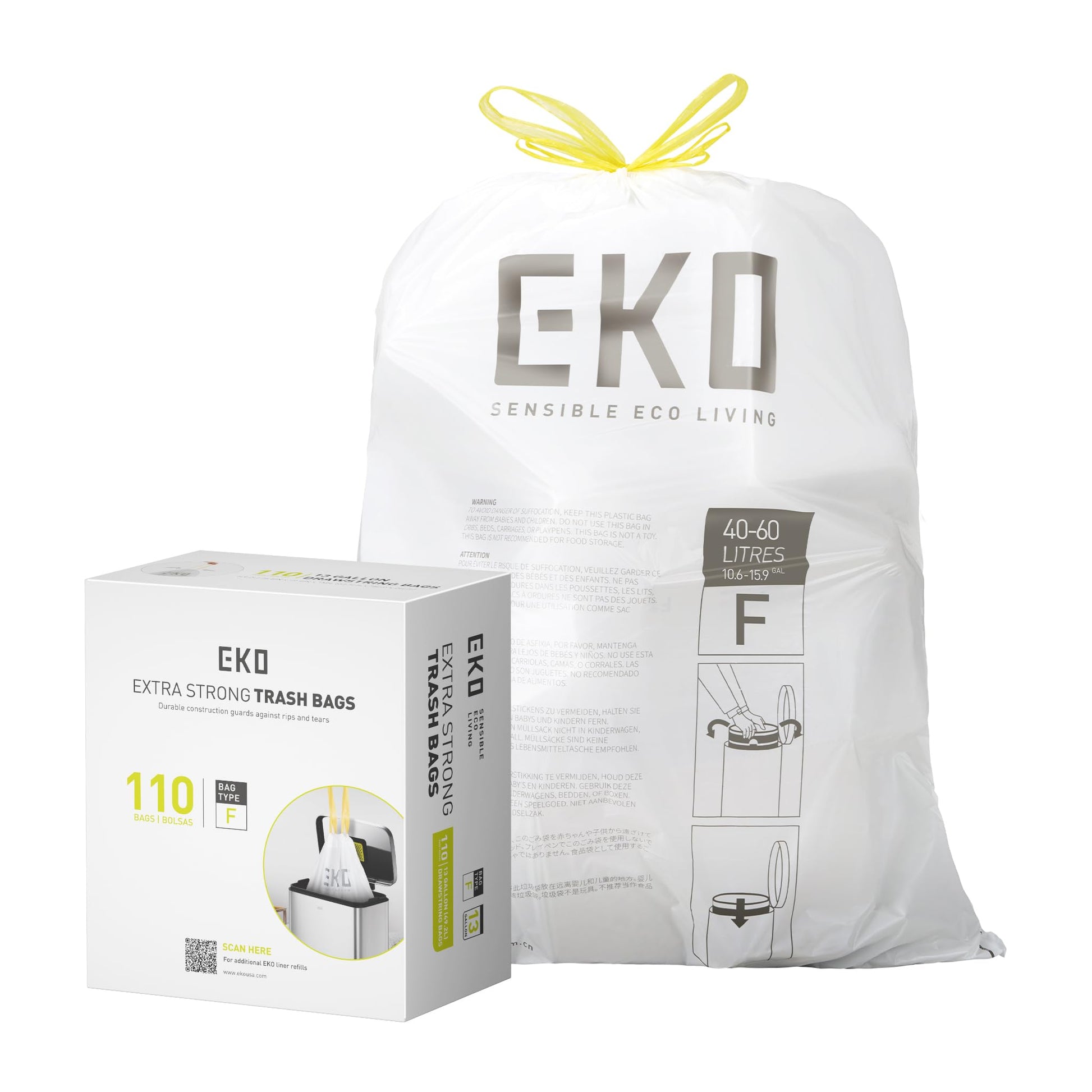 EKO Extra Strong 13 Gallon Large Drawstring Trash Bags, Heavy-Duty Garbage Bags for Kitchen & Household Use (50L), Leak-Resistant, 110 Count, Code F EKO