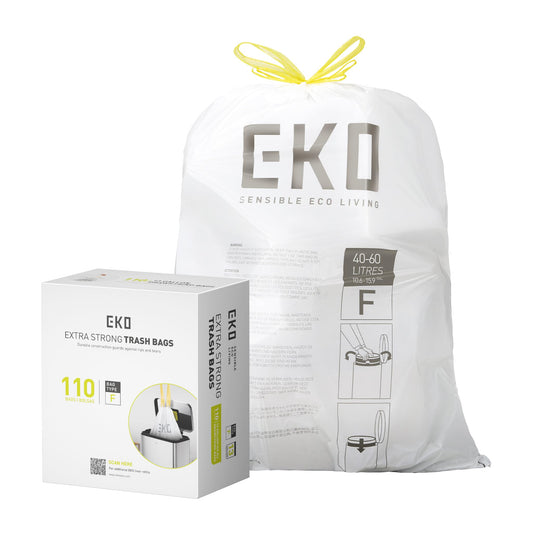 EKO Extra Strong 13 Gallon Large Drawstring Trash Bags, Heavy-Duty Garbage Bags for Kitchen & Household Use (50L), Leak-Resistant, 110 Count, Code F EKO