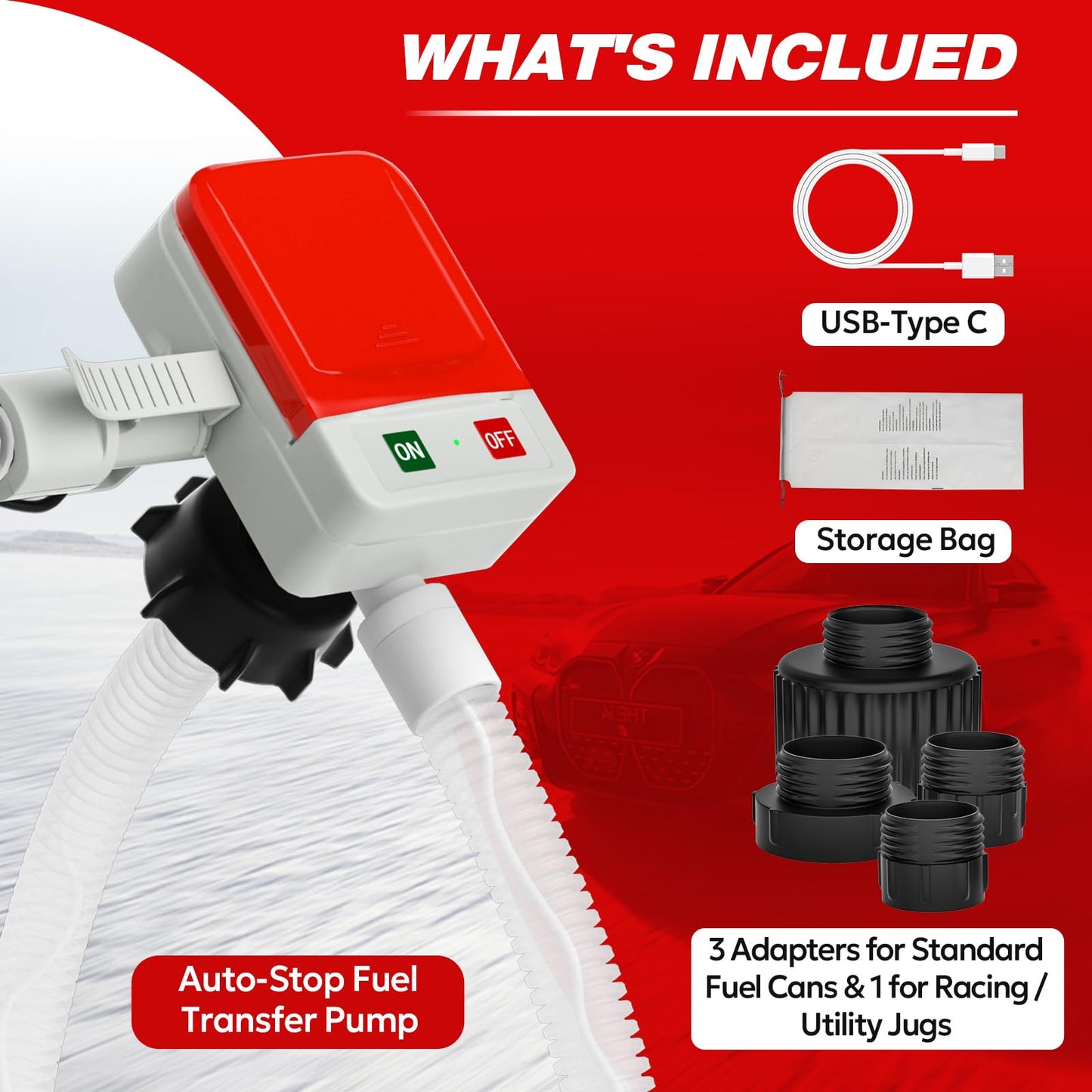 KEIMI Portable Fuel Transfer Pump with Auto-Stop, 3.2 Gallon per Min, 51" Extra Long Hose, Battery & USB Powered, 4 Can Adapters, Leak-proof Gas Pump for Oil, Diesel and Gasoline
