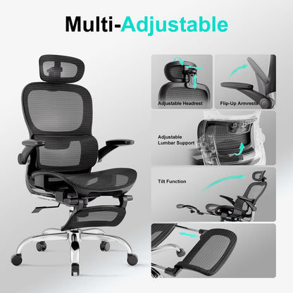 Ergonomic Office Chair,Office Chair with Tilt Function,Mesh Office Chair with Footrest,Ergonomic Chair with Adaptive Backrest, Adjustable Headrest and Flip-Up Armrests - Available at All In One Marketplace Canada
