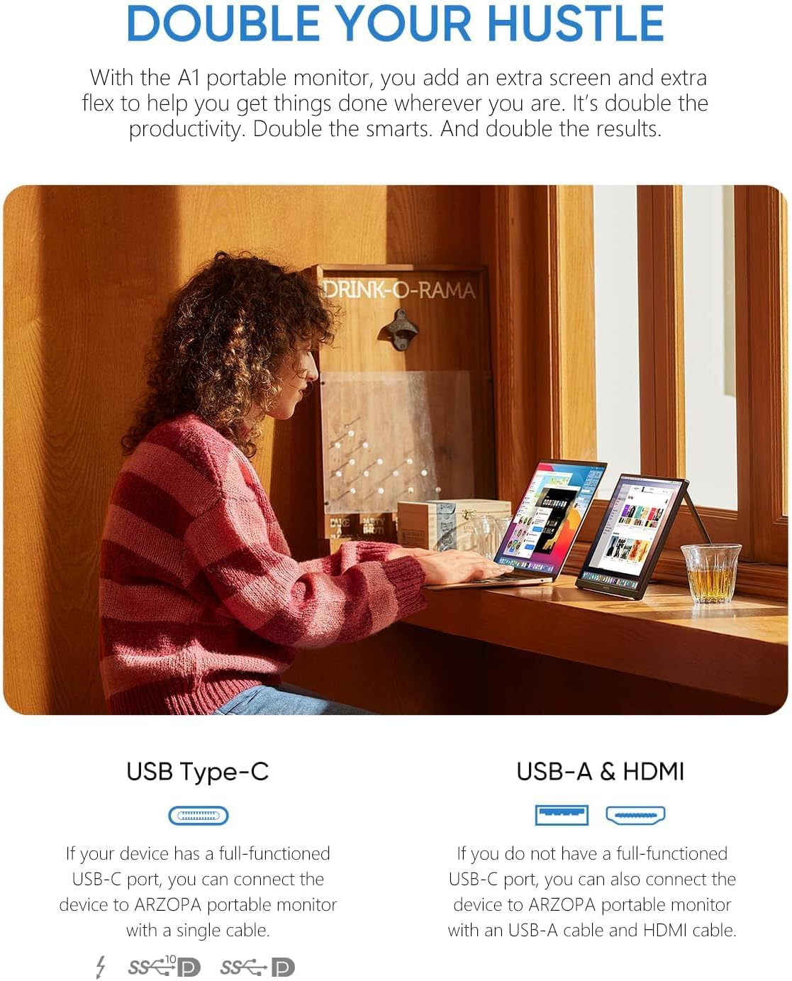 ARZOPA Portable Monitor 15.6'' FHD 1080P Kickstand Portable Laptop Monitor IPS Computer External Screen USB C HDMI Display for PC MAC Phone Xbox PS5 - A1 - Available at All In One Marketplace Canada