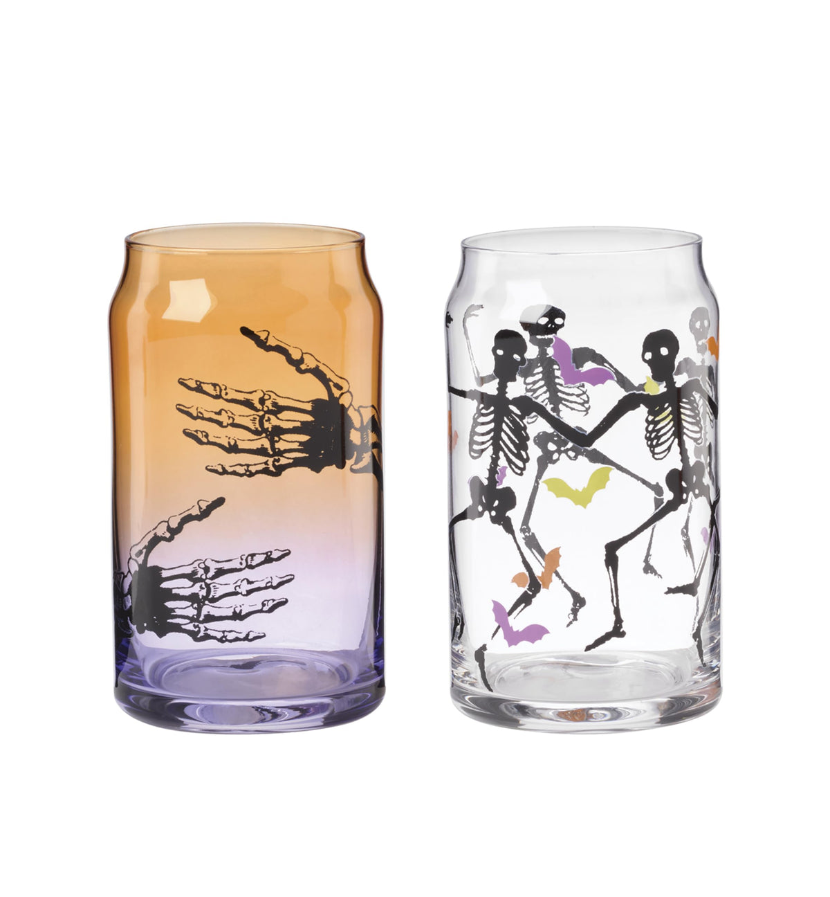 Verres à boire Cambridge, verres isothermes « Halloween Harvest », ensemble de 12, lavables au lave-vaisselle, tasses en verre, tasses à café glacé effrayantes, décoration d'Halloween squelettes effrayants (assortis, 12 pièces, 473 ml)
