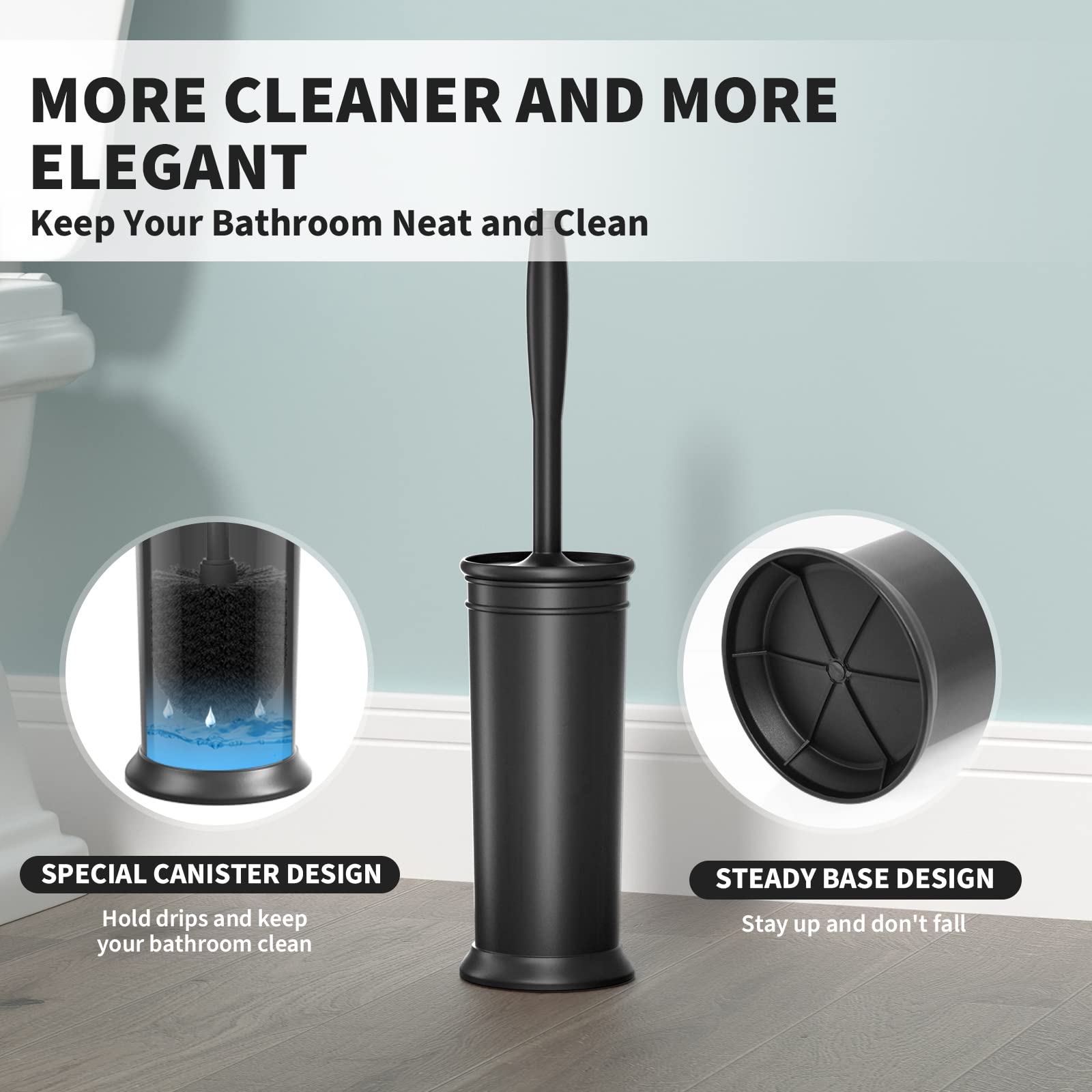 UPTRONIC Toilet Brush, Toilet Bowl Brush with Extra Long Handle Durable Bristles Toilet Scrubber and Covered Holder for Toilet Brush Set for Bathroom Cleaning (Black-01)