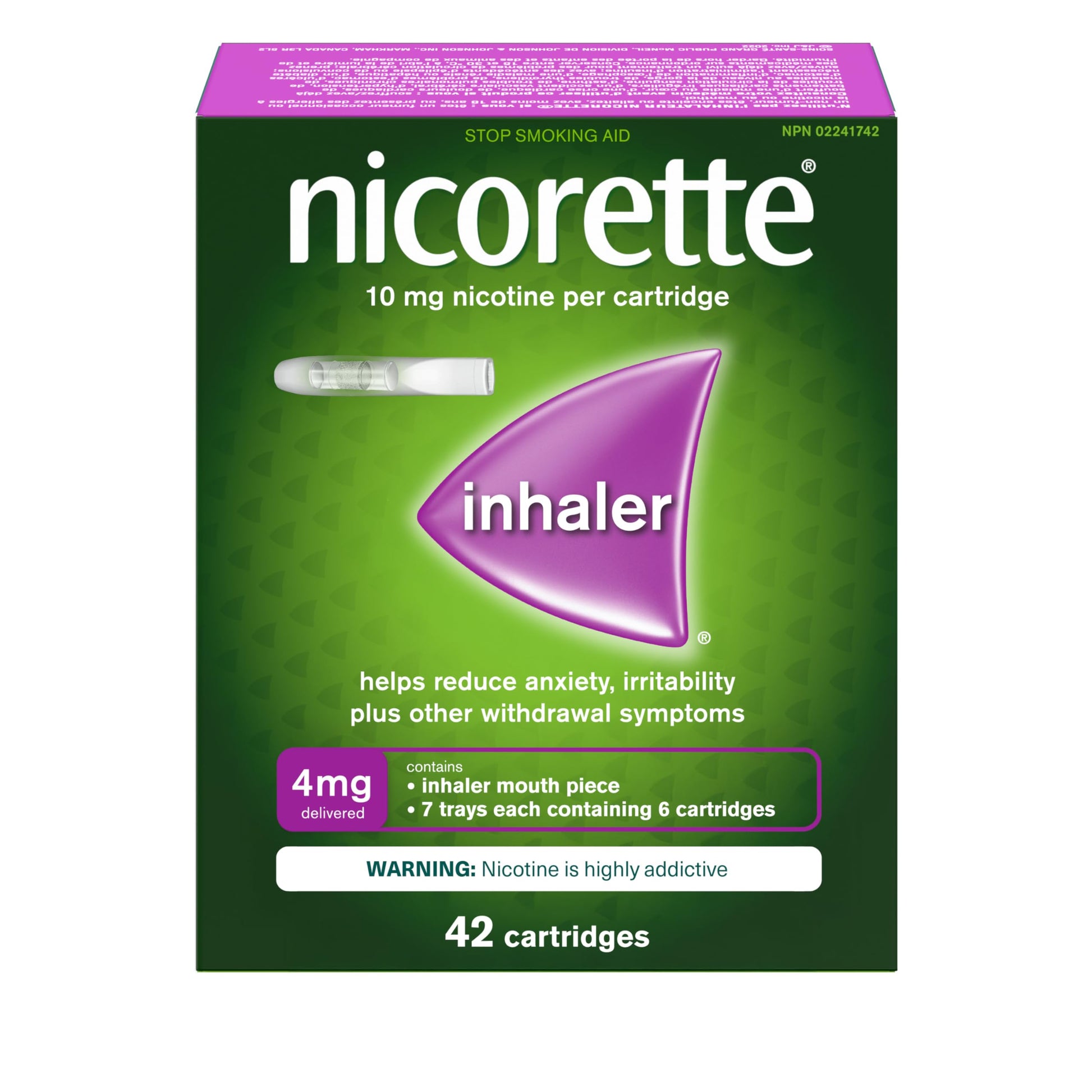 Nicorette 4mg Nicotine Inhaler – Clinically Proven Quit Smoking Aid with Hand-to-Mouth Action, Helps Reduce Cravings & Withdrawal, NRT for Adults Quitting Cigarettes, 42 Cartridges - Available at All In One Marketplace Canada