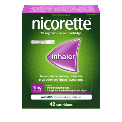 Nicorette 4mg Nicotine Inhaler – Clinically Proven Quit Smoking Aid with Hand-to-Mouth Action, Helps Reduce Cravings & Withdrawal, NRT for Adults Quitting Cigarettes, 42 Cartridges - Available at All In One Marketplace Canada