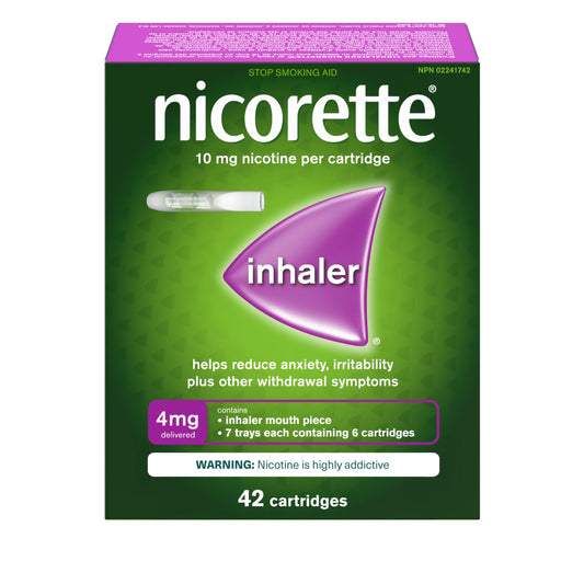 Nicorette 4mg Nicotine Inhaler – Clinically Proven Quit Smoking Aid with Hand-to-Mouth Action, Helps Reduce Cravings & Withdrawal, NRT for Adults Quitting Cigarettes, 42 Cartridges - Available at All In One Marketplace Canada