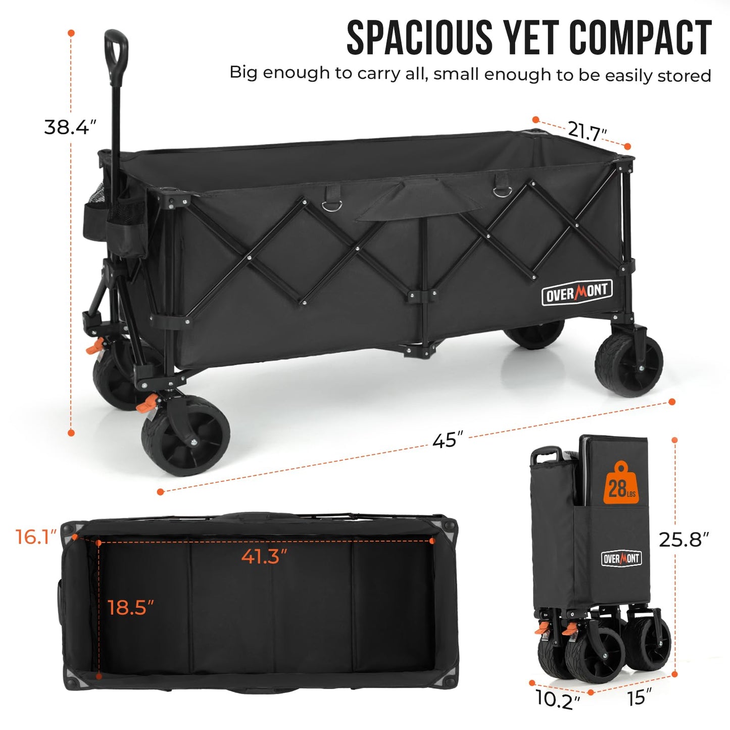 Overmont 300L Foldable Collapsible Wagon - Heavy Duty Utility Beach Wagon Cart with Rotatable Wide Wheels Inside Pockets for Camping Garden Shopping Sports - 440lbs Load OVERMONT