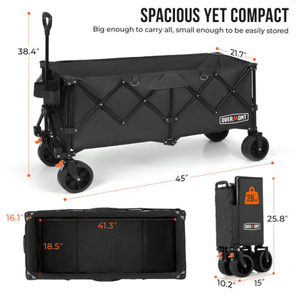 Overmont 300L Foldable Collapsible Wagon - Heavy Duty Utility Beach Wagon Cart with Rotatable Wide Wheels Inside Pockets for Camping Garden Shopping Sports - 440lbs Load OVERMONT