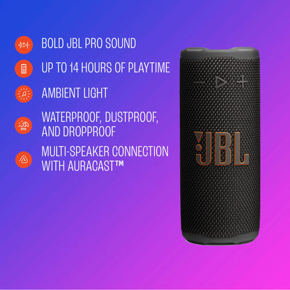 JBL Grip - Compact Bluetooth Speaker with Bold JBL Pro Sound and Ambient Light, up to 14 Hours of Playtime, Water, Dust and Drop-Proof (IP68), & Multi-Speaker Connection with Auracast (Black)