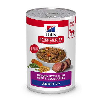 Hill's Science Diet Adult 7+, Senior Premium Nutrition, Wet Dog Food, Beef & Vegetables Stew, 12.8 oz Can, Case of 12 - Available at All In One Marketplace Canada